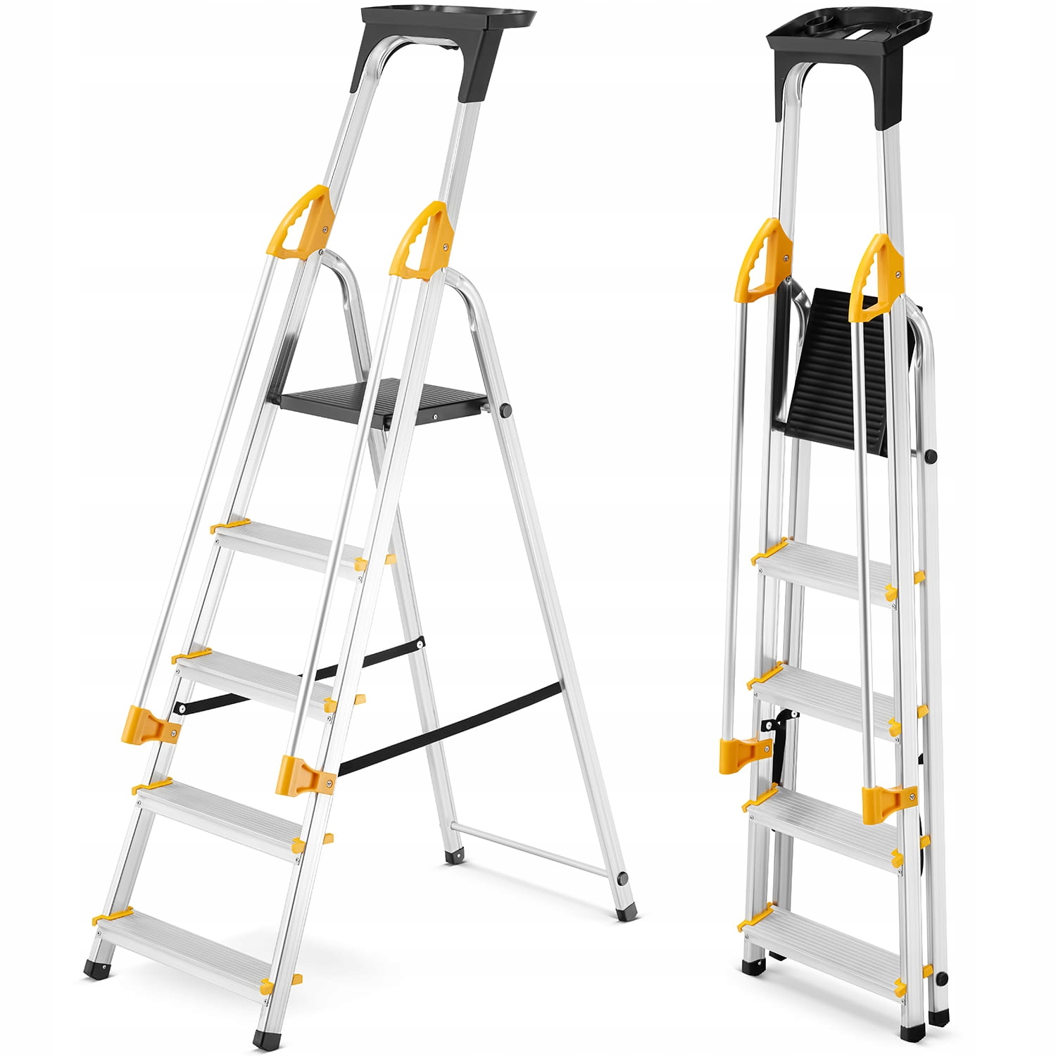 Drabina aluminiowa jednostronna 5 stopniowa z półką i poręczami 150 kg