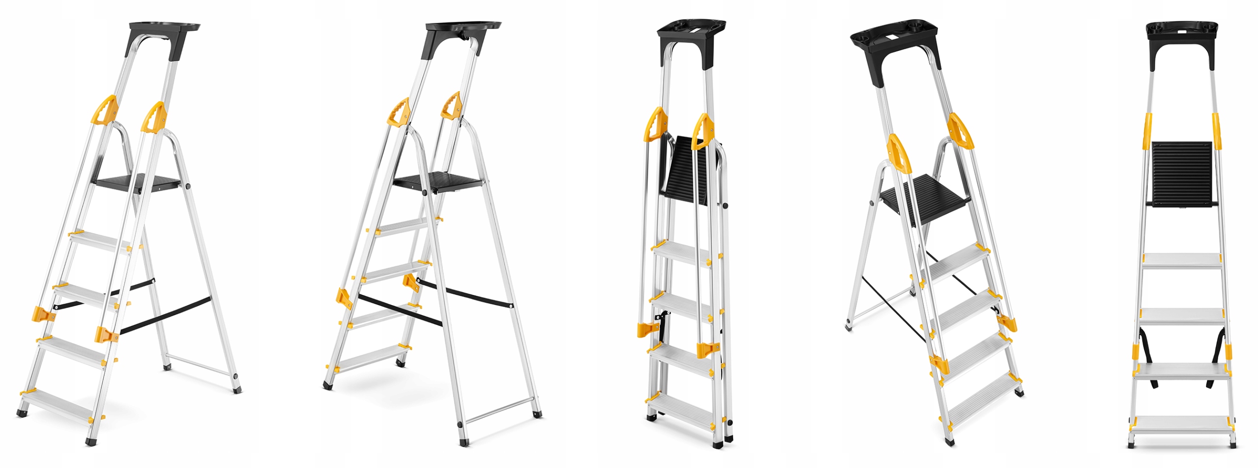 Drabina aluminiowa jednostronna 5 stopniowa z półką i poręczami 150 kg — 13