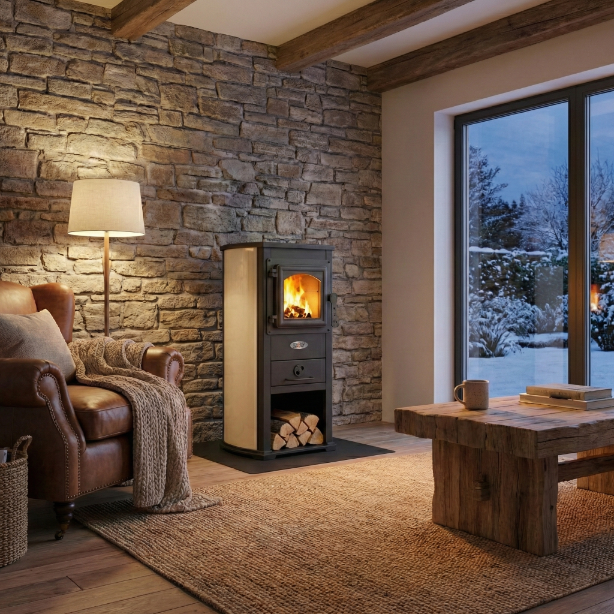 Piec stalowy kominek wolnostojący BLIST Ekonomik Lux / BERNA LUX 8,5 kW beż — 8