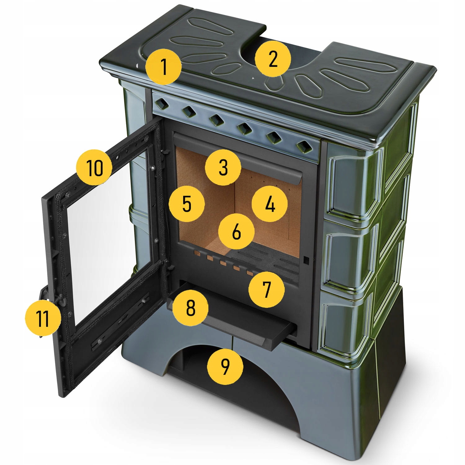 Piec kominek kaflowy wolnostojący koza ATOL 10 kW kolor olive — 5