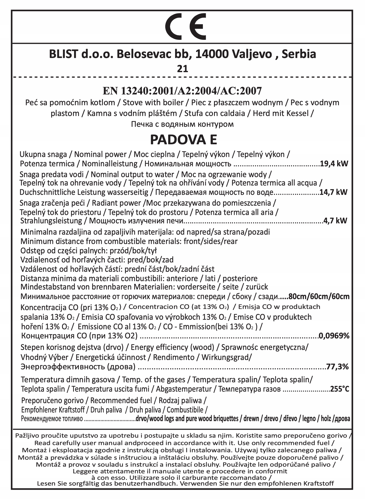 Piec piecyk kominek koza z płaszczem wodnym kocioł CO BLIST PADOVA E — 10