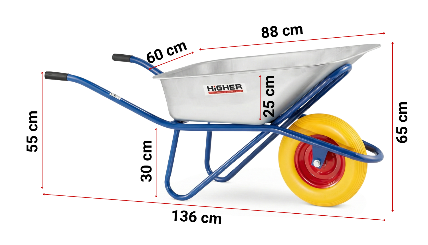 Taczka ogrodowa budowlana stalowa 210kg HIGHER 130L z ochroną koła MOCNA — 10
