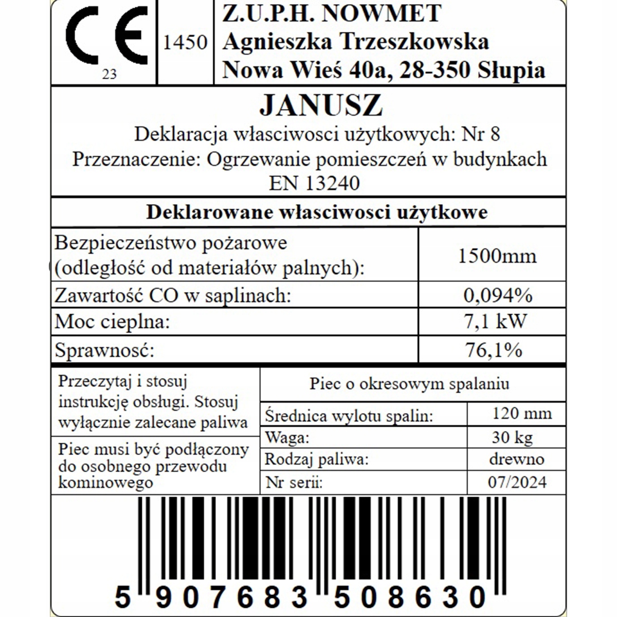 Piec piecyk kominek koza JANUSZ szamotowy polski 7 kW EKOPROJEKT 2022 — 10