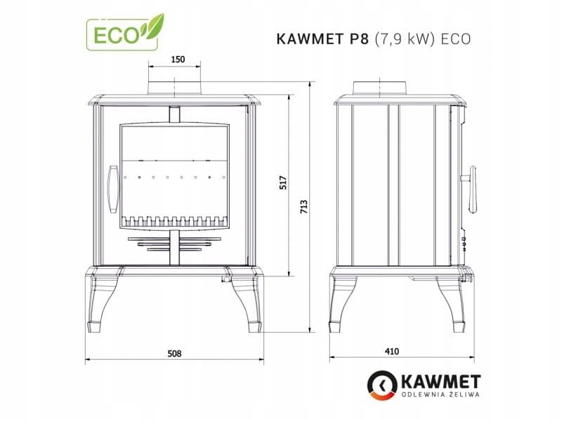 Piec piecyk kominek żeliwny wolnostojący nowoczesny koza KAWMET P8 ECO 7,9 — 3