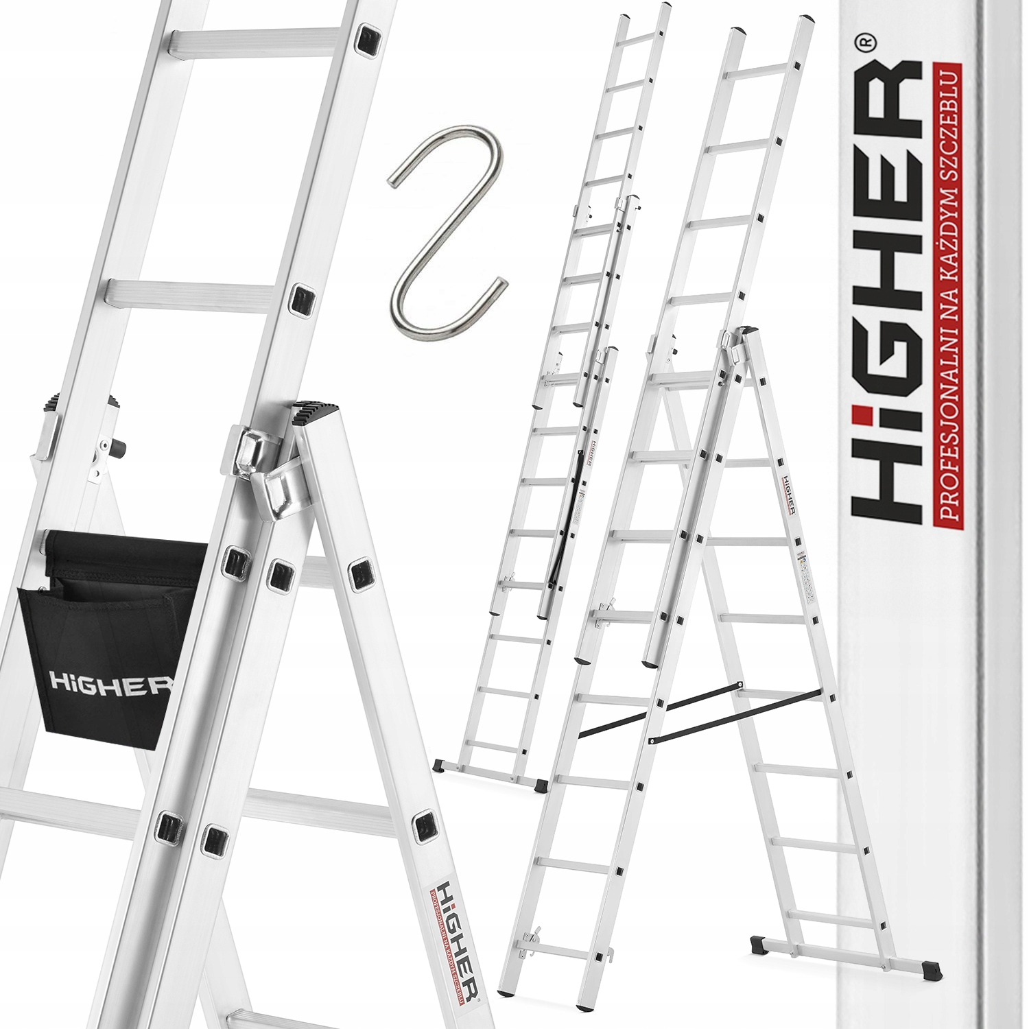 Drabina aluminiowa wielofunkcyjna 3x8 HIGHER uniwersalna BASIC + GRATIS