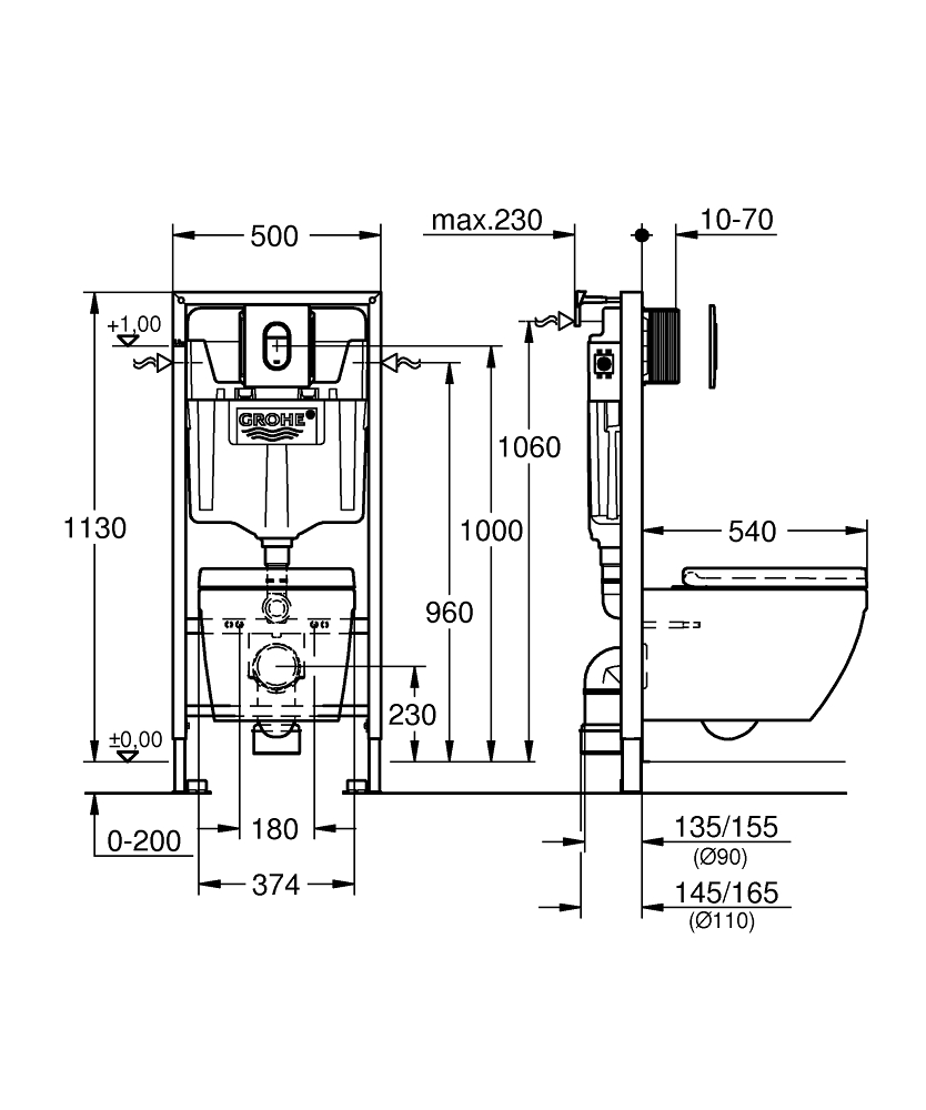 Pack WC suspendido bidé GROHE Euro salida horizontal con tapa