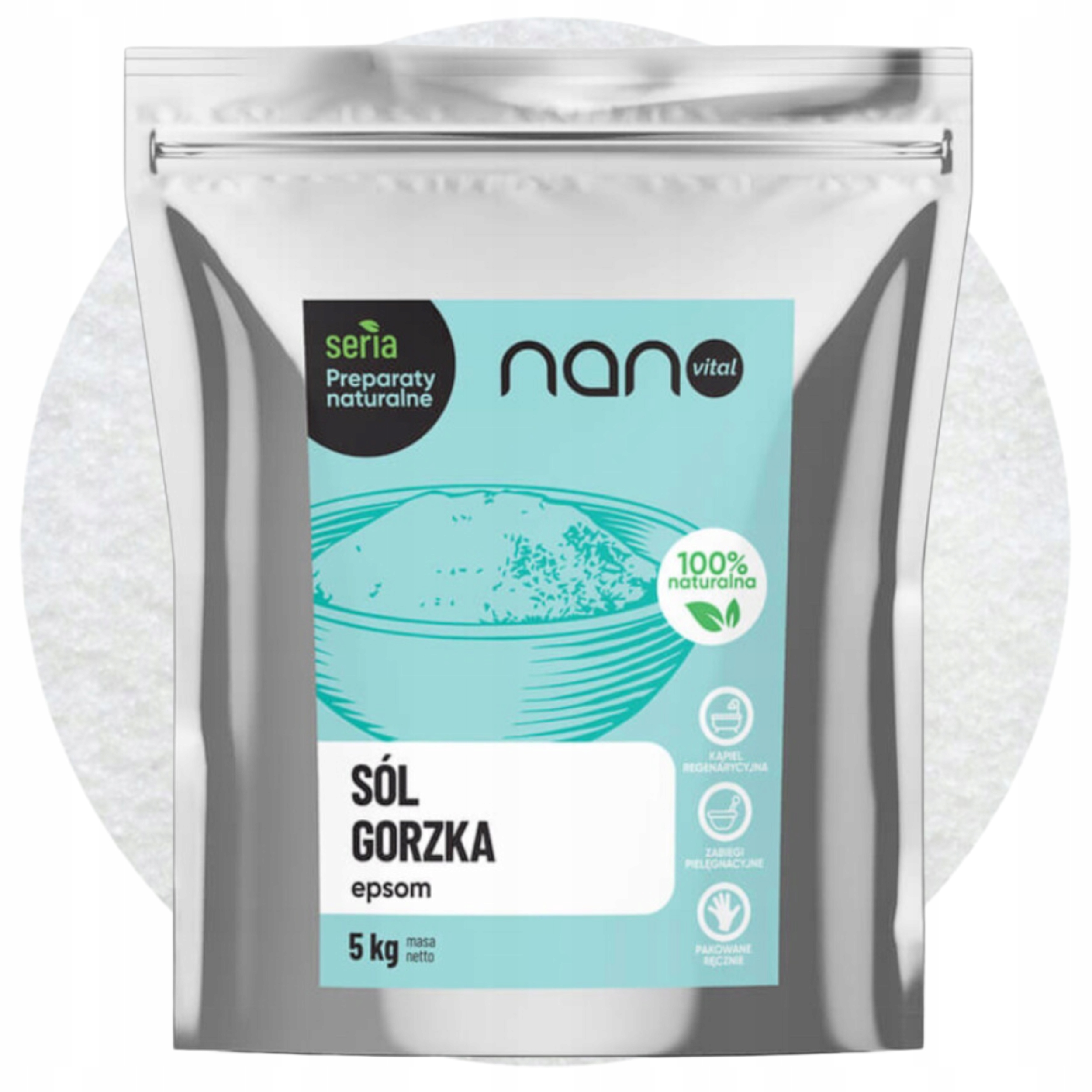 Naturalna Sól Gorzka Rzymska Angielska do Kąpieli EPSOM Nanovital 5 kg - opakowanie produktu