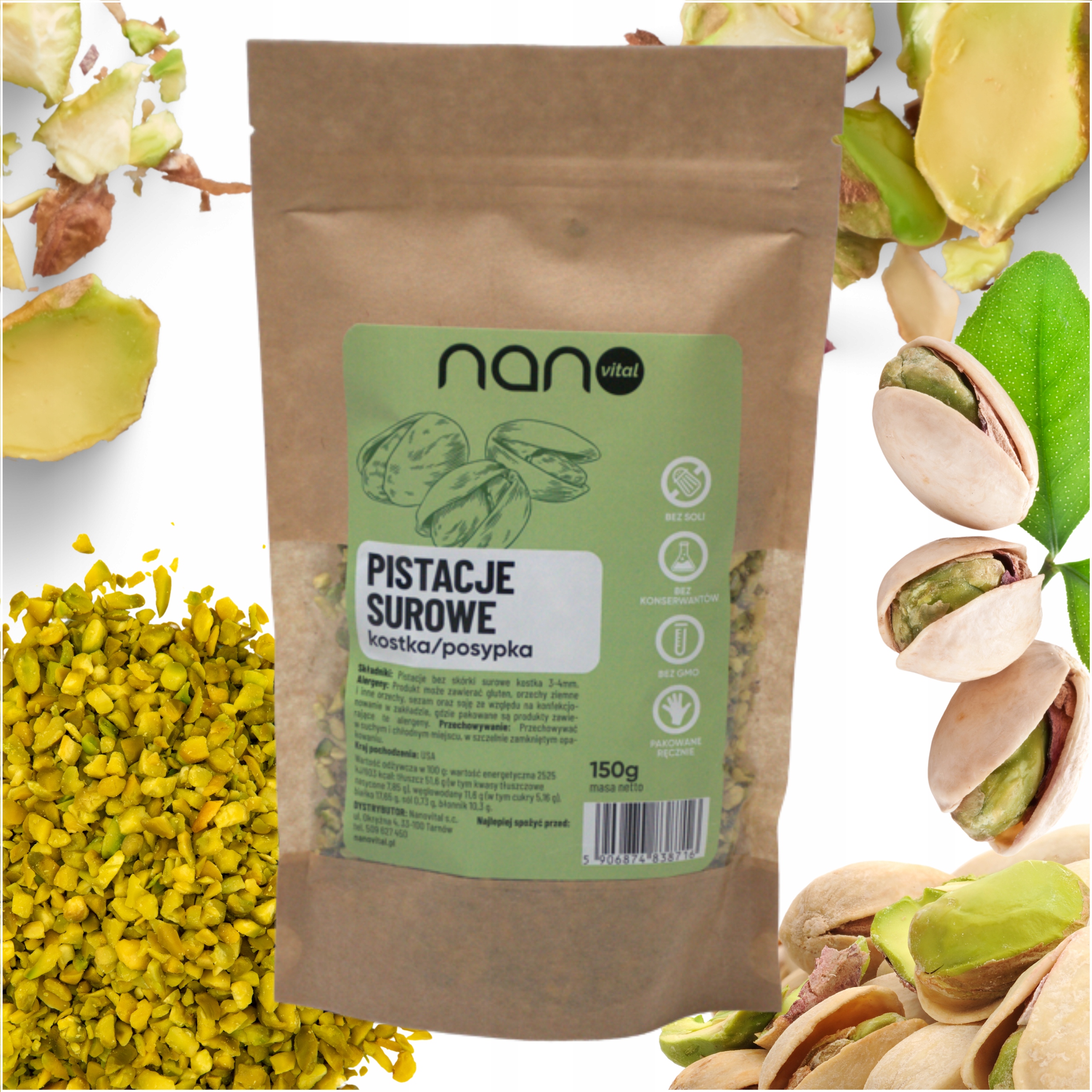Pistacje Surowe Kostka Posypka Pistacjowa bez Skórki bez Soli 150g Nanovital
