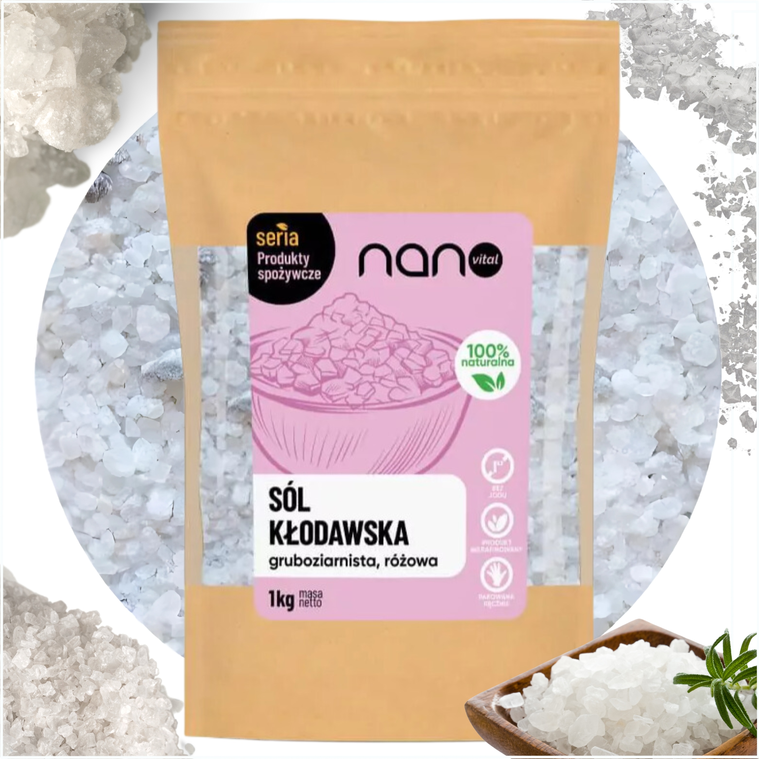 Naturalna Sól Kłodawska Drobna Różowa Niejodowana Gruboziarnista 1 kg - opakowanie produktu