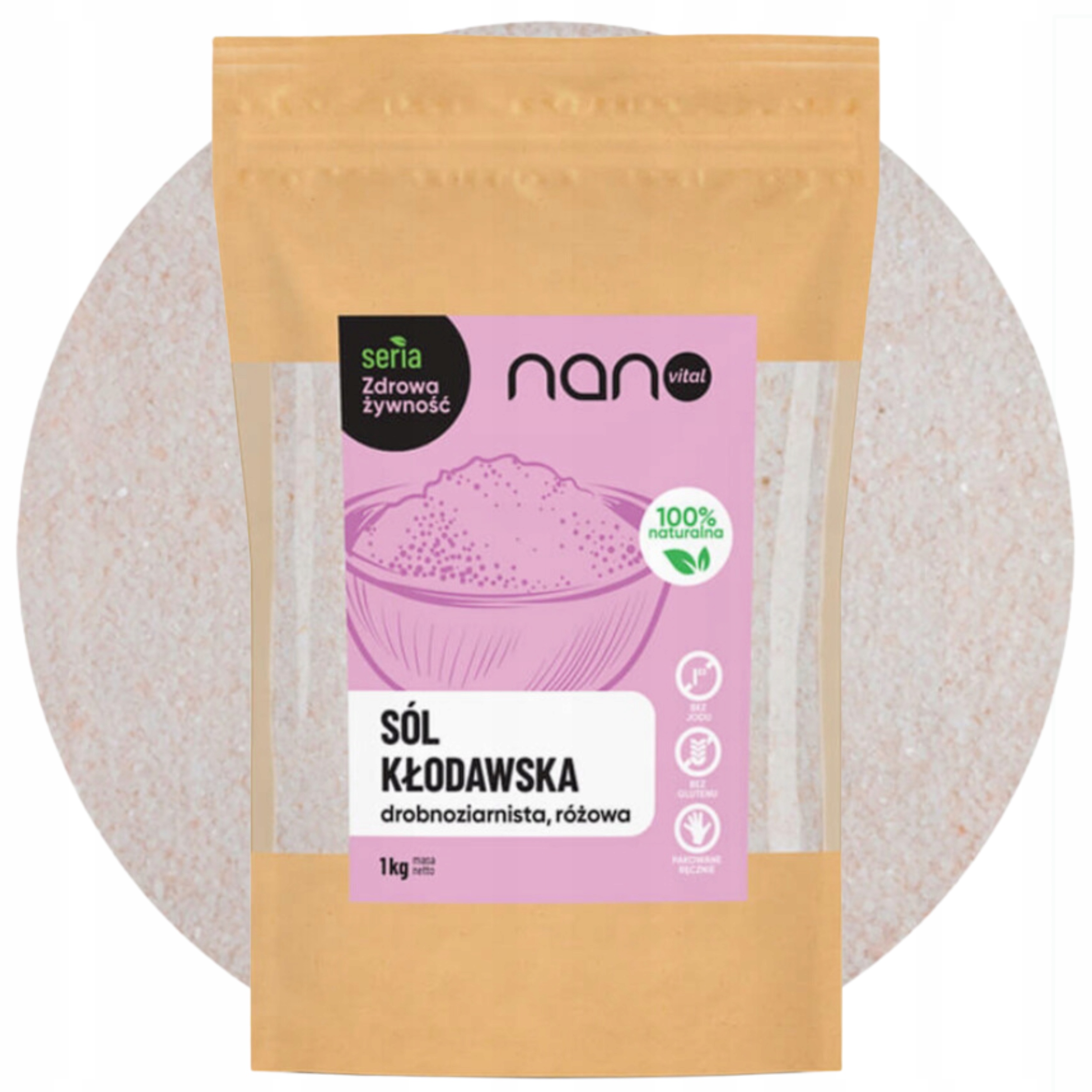 Naturalna Sól Kłodawska Drobna Różowa Niejodowana Drobnoziarnista 1 kg - opakowanie produktu