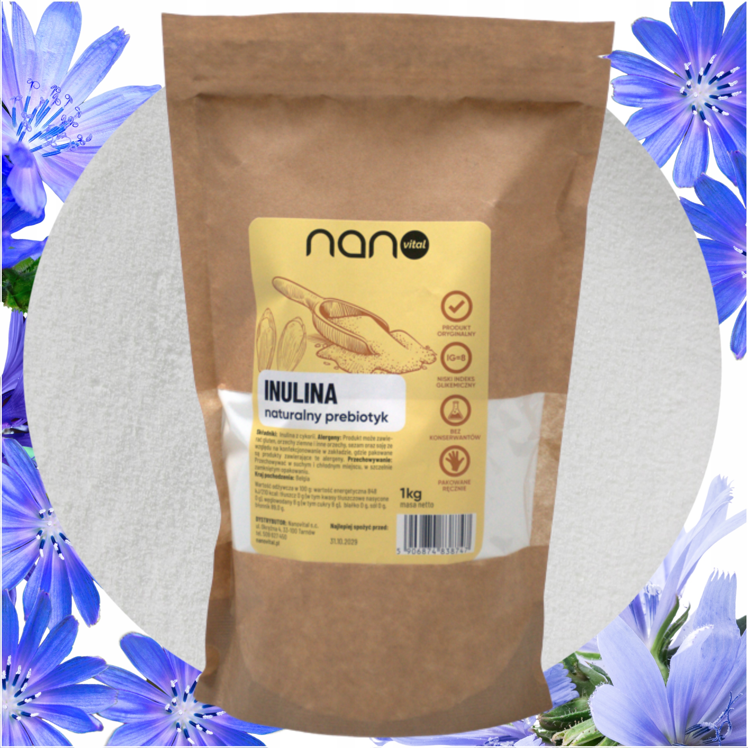 Inulina w Proszku Naturalny Prebiotyk Zamiennik Cukru Słodzik 1kg Nanovital