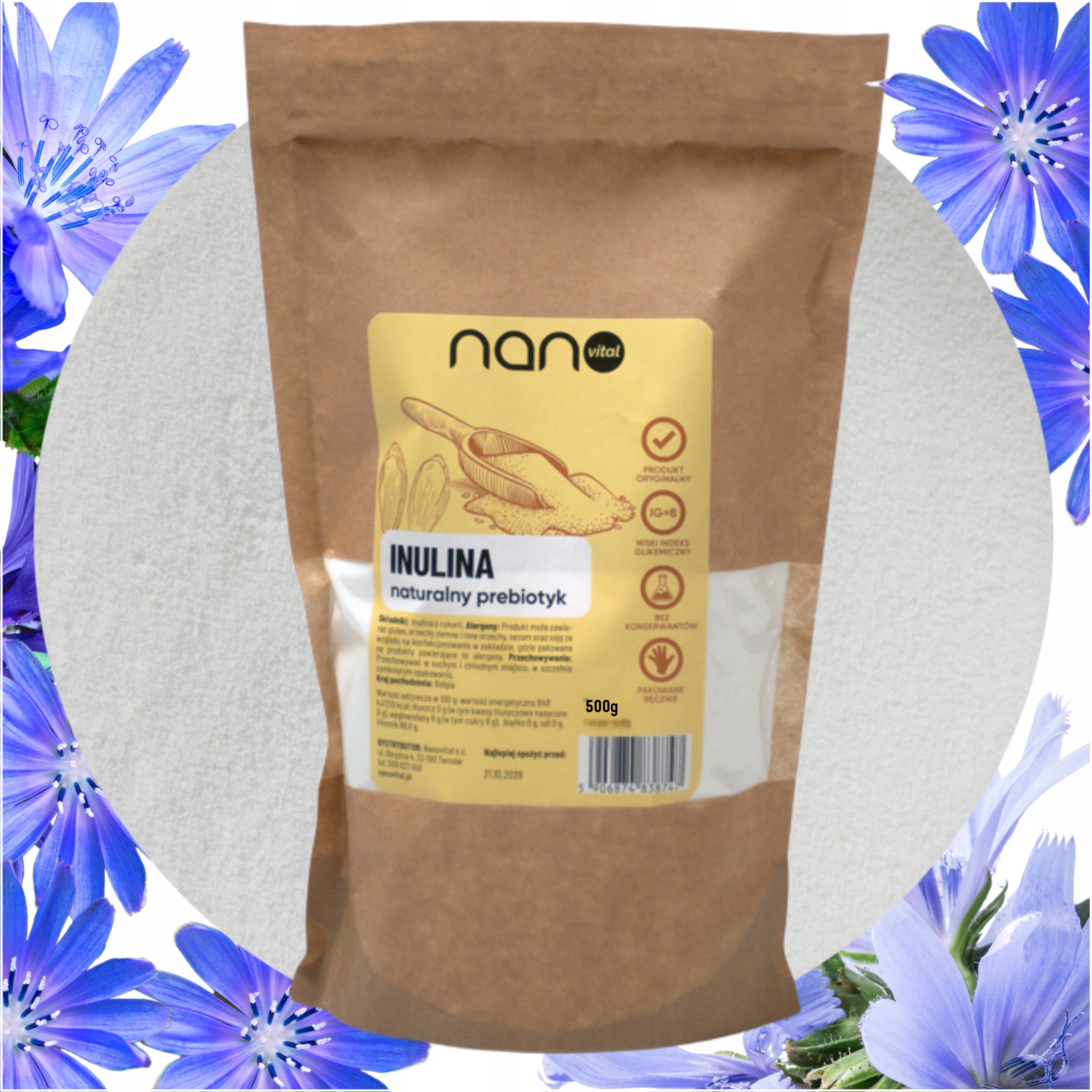 Inulina w Proszku Naturalny Prebiotyk Zamiennik Cukru Słodzik 500g Nanovital