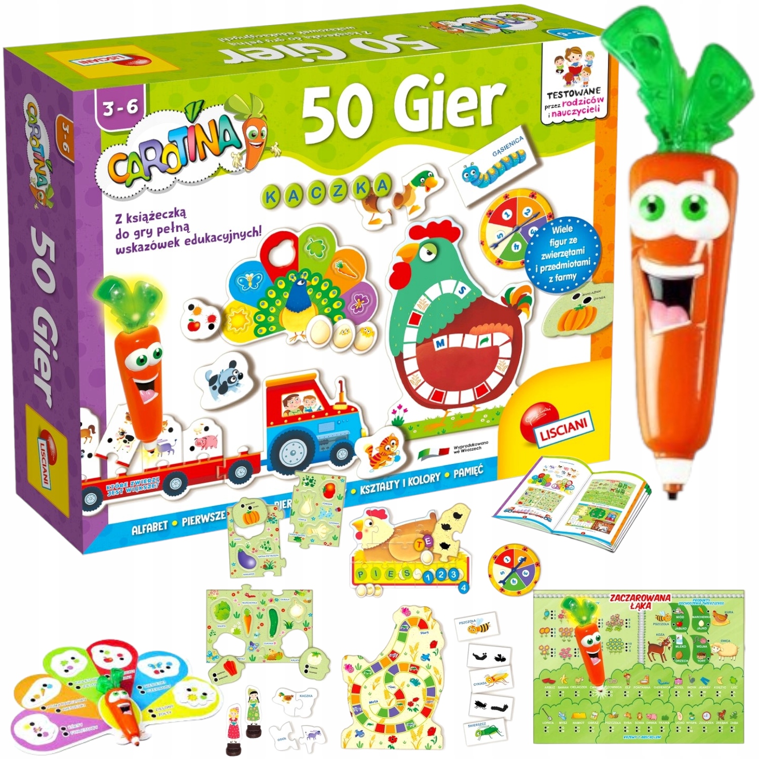 LABORATORIUM 50 GIER ZESTAW EDUKACYJNY ŚWIECĄCA MARCHEWKA KARTY MEMO PUZZLE