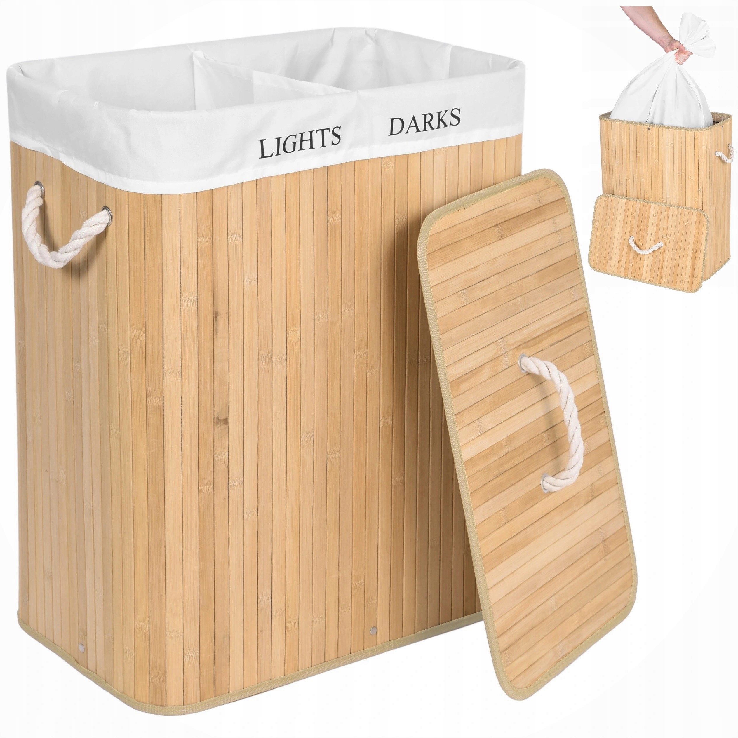 KOSZ BAMBUSOWY NA PRANIE DWUKOMOROWY POJEMNIK 100L