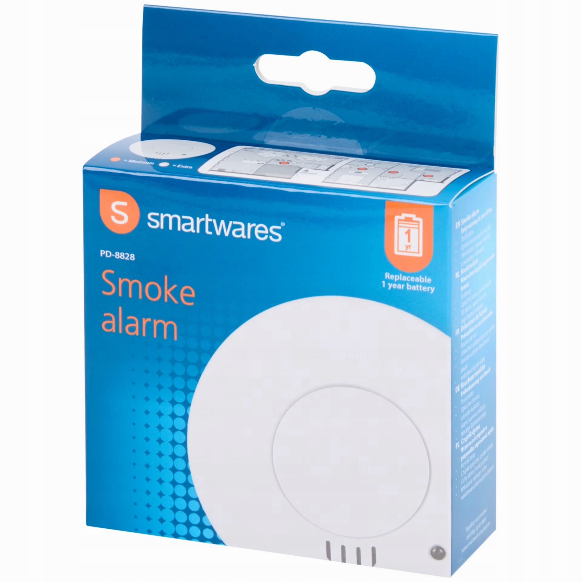 CZUJNIK DYMU SMARTWARES 85dB ALARM OPTYCZNY BATERIA TEST MONTAŻ SUFITOWY