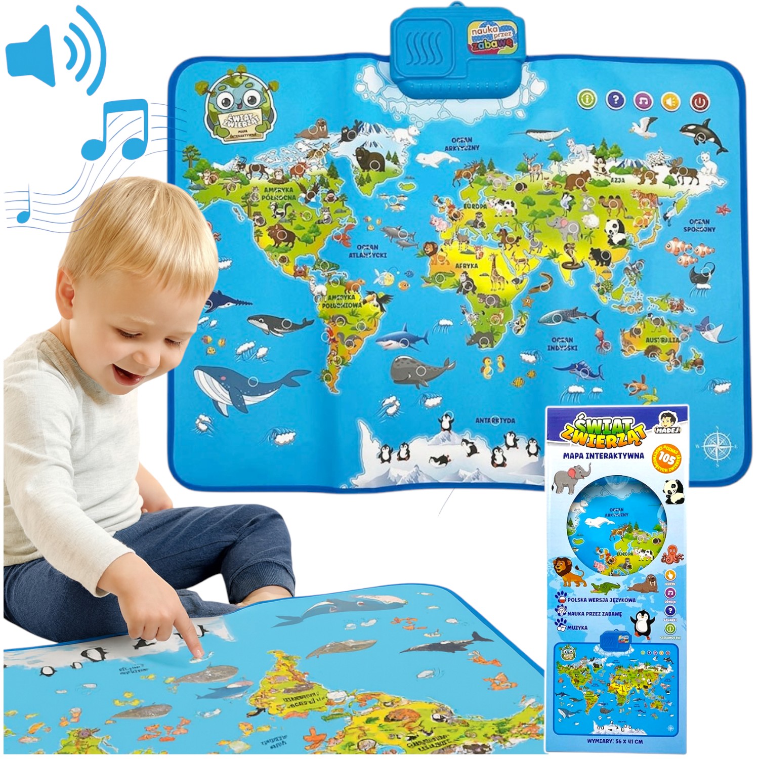 INTERAKTYWNA MAPA ŚWIATA ZWIERZĄT DOTYKOWA MATA EDUKACYJNA MÓWI PO POLSKU