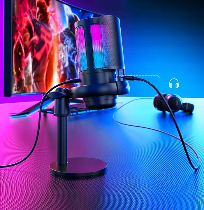 MIKROFON DO STREAMINGU ZE ŚWIATŁEM LED GAMINGOWY OBRACANY DO KOMPUTERA