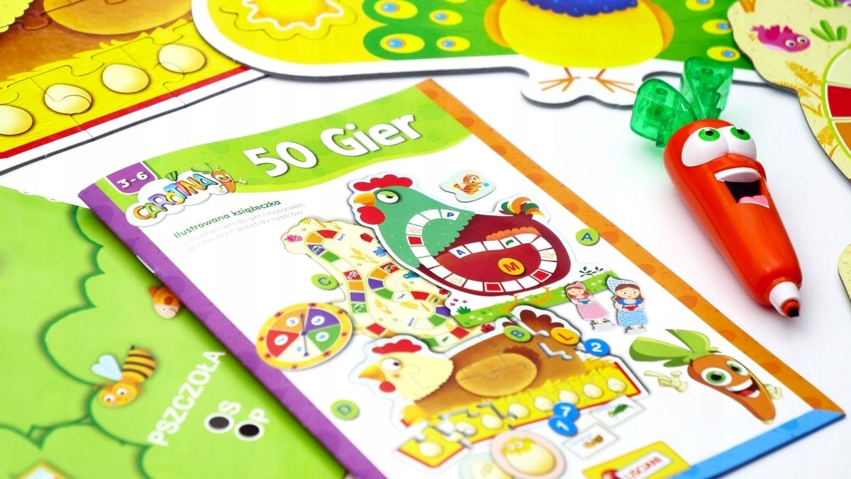 LABORATORIUM 50 GIER ZESTAW EDUKACYJNY ŚWIECĄCA MARCHEWKA KARTY MEMO PUZZLE