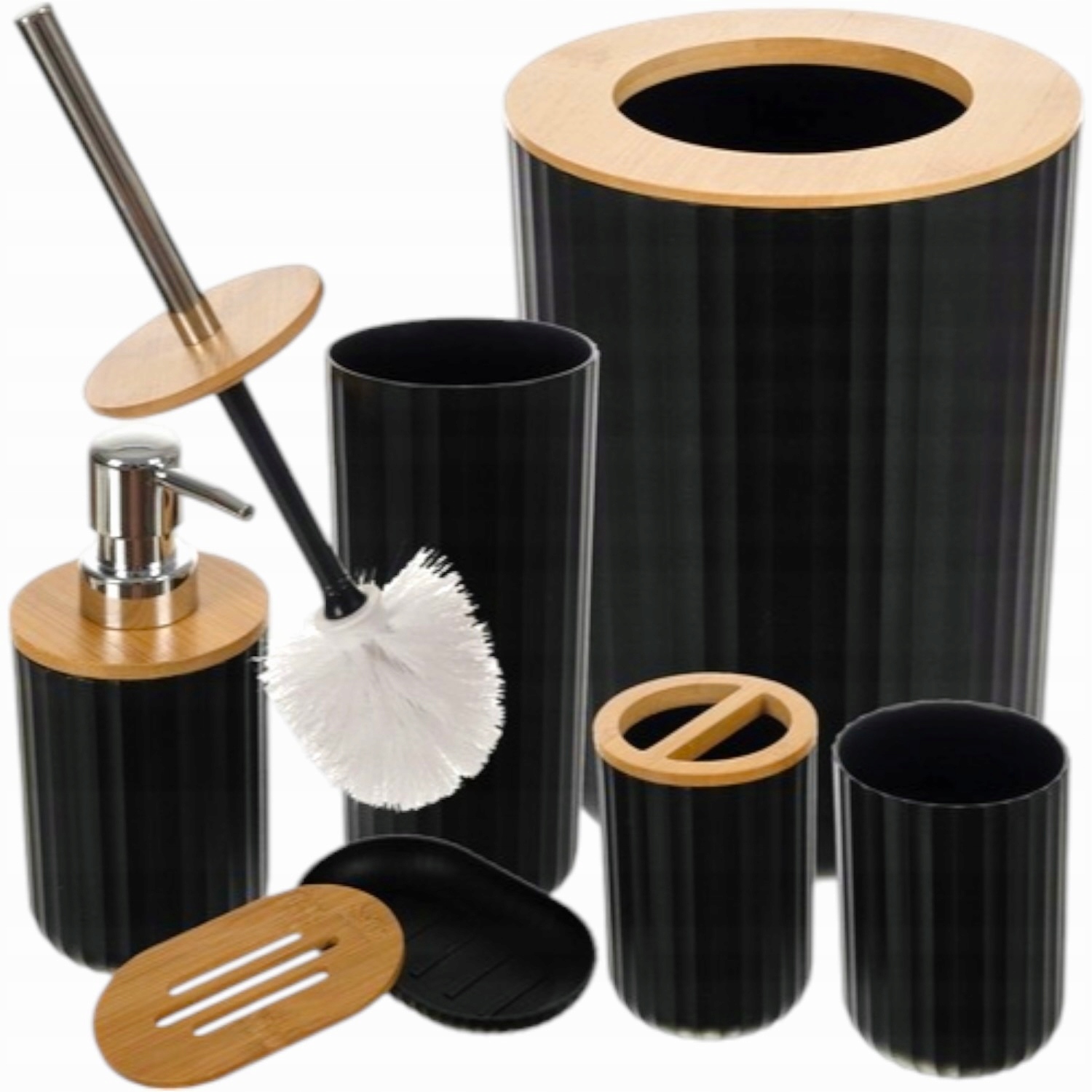 ZESTAW ŁAZIENKOWY 6 ELEMENTÓW CZARNY KOMPLET DO WC KOSZ DOZOWNIK SZCZOTKA