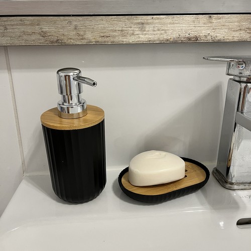 ZESTAW ŁAZIENKOWY 6 ELEMENTÓW CZARNY KOMPLET DO WC KOSZ DOZOWNIK SZCZOTKA