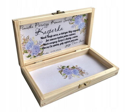 Pamiątka komunii świętej w drewnianym pudełku IMIĘ