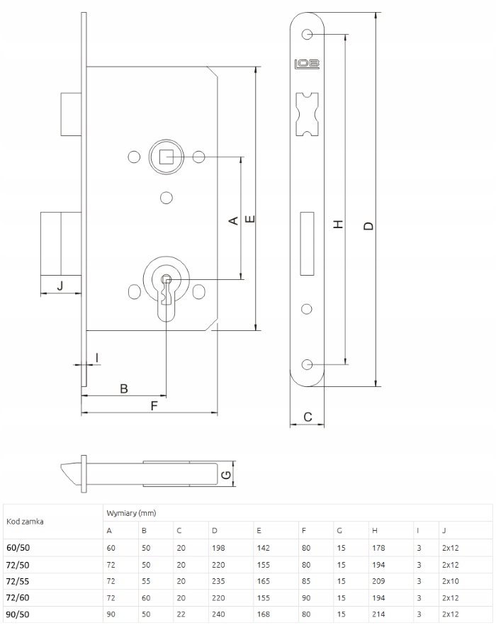 ZAMEK WPUSZCZANY do drzwi 72/50 NA KLUCZ LOB Z75