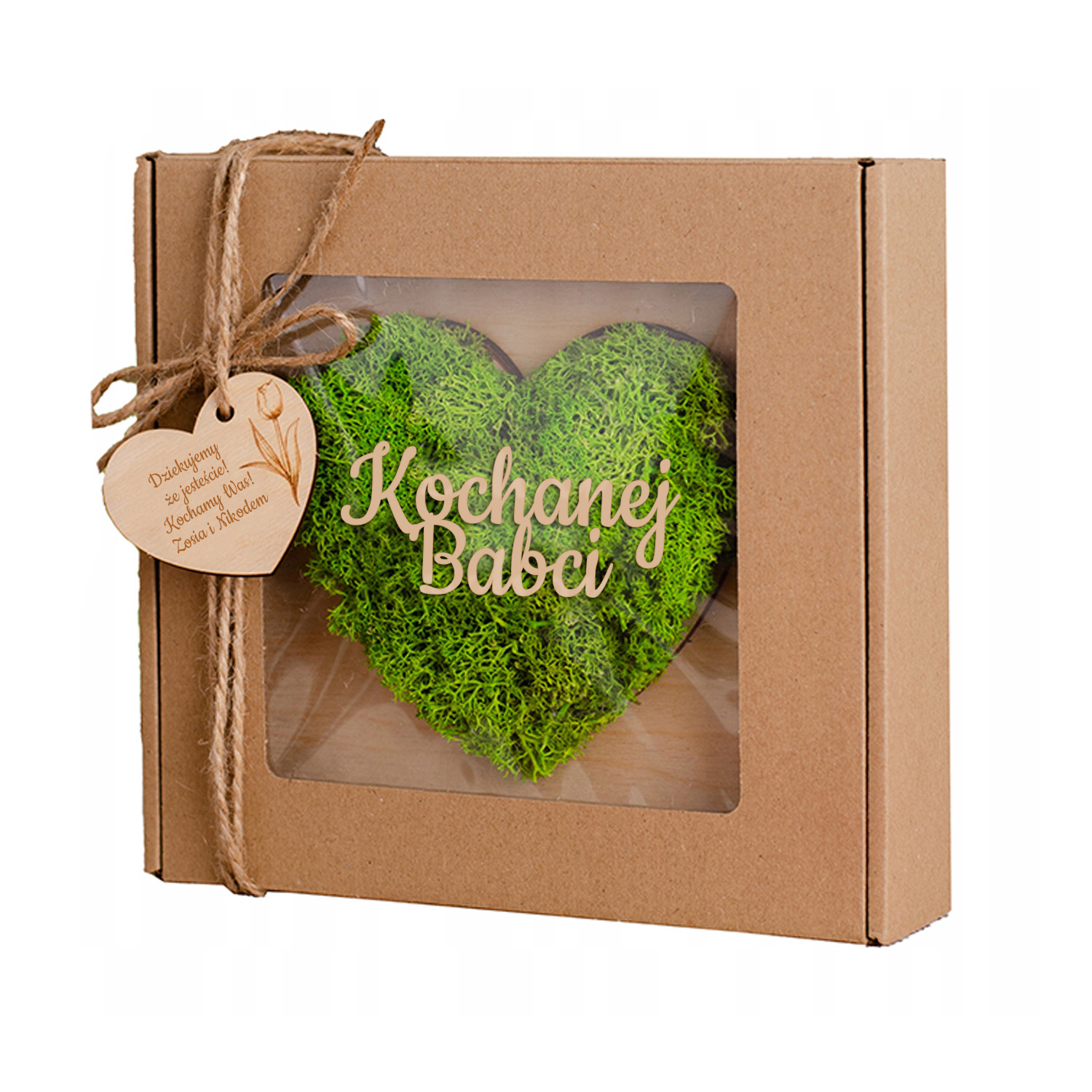 Prezent na dzień Babci i Dziadka Serce wykończony chrobotkiem w pudełku