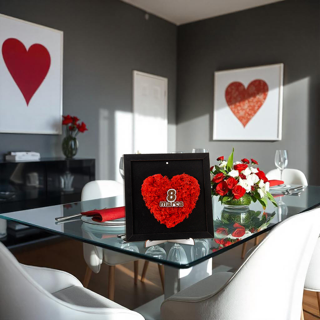 Prezent na Dzień Kobiet serce wykończone chrobotkiem w pudełku czerwone