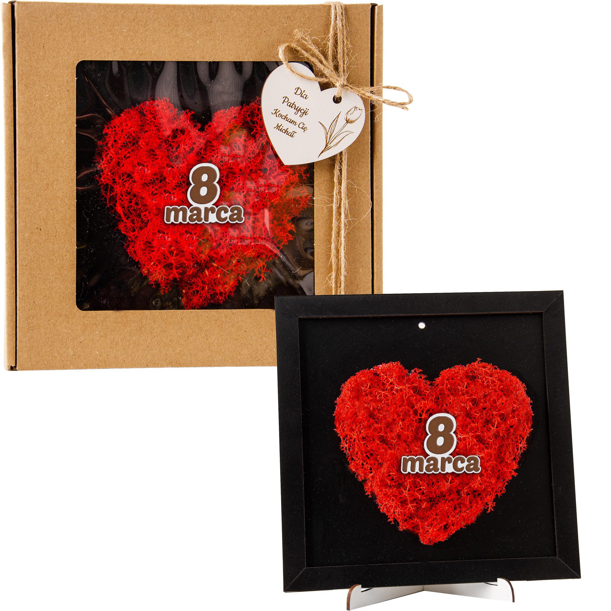 Prezent na Dzień Kobiet serce wykończone chrobotkiem w pudełku czerwone
