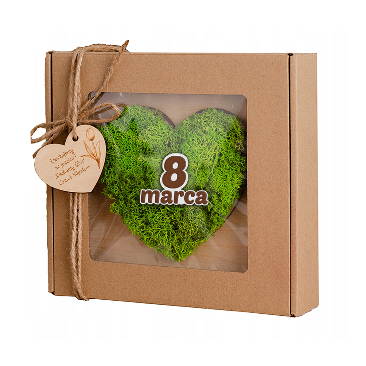 Prezent na Dzień Kobiet serce wykończone chrobotkiem w pudełku