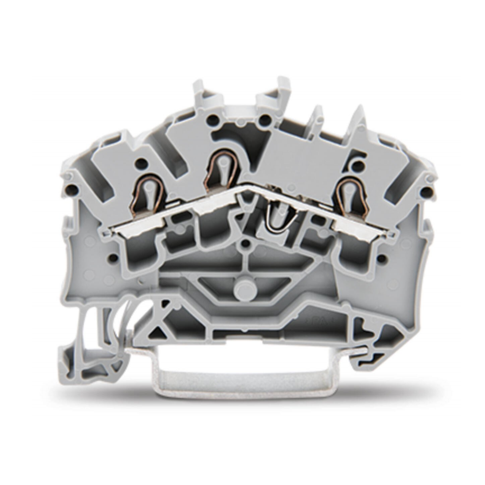 Wago 2002-6301 TOPJOB®S feedthrough terminal block; angled profile; rail mount; 3-conductor; 5.2 mm wide; gray — Terminal Blocks
