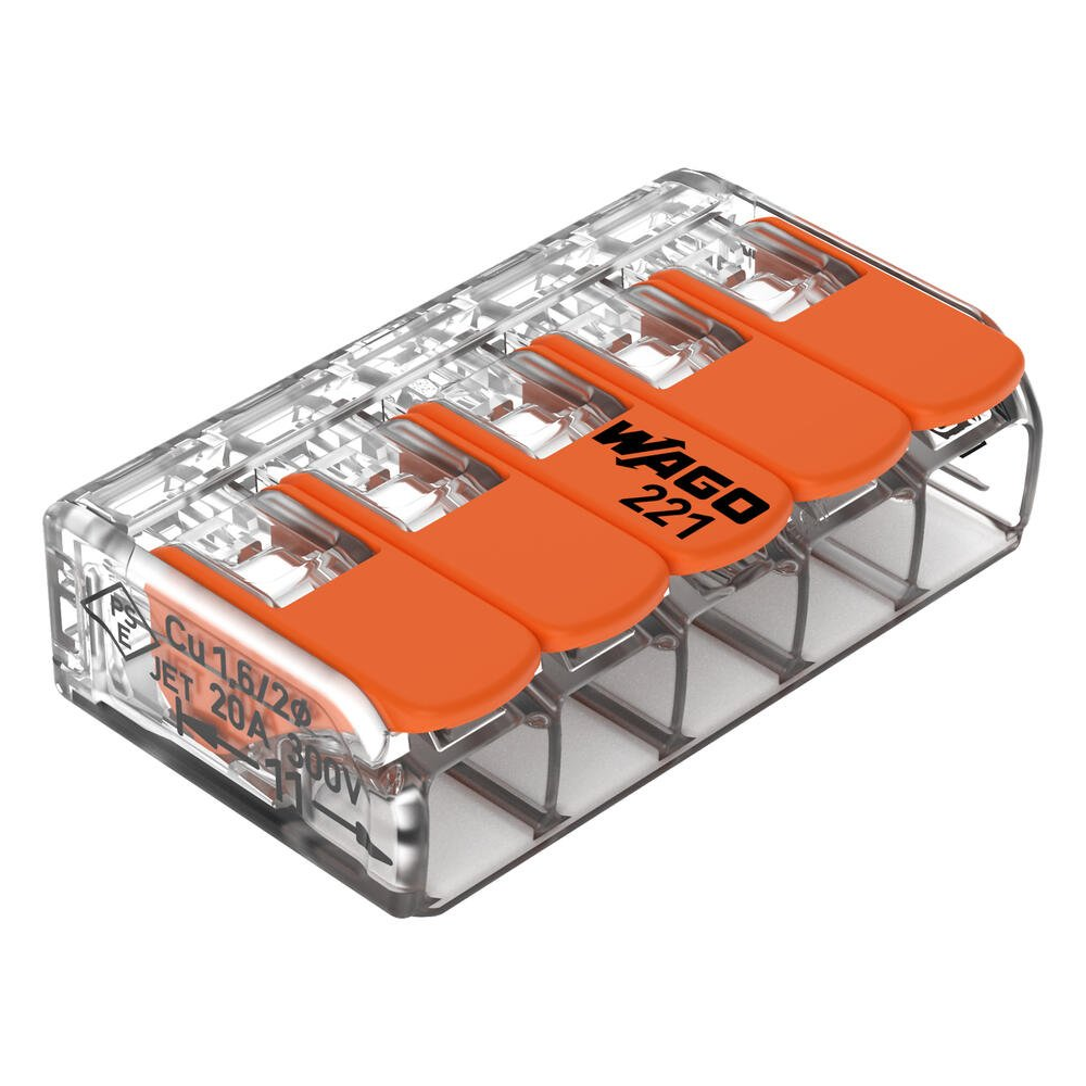 Wago 221-415 COMPACT splicing connector; 5-conductor; with operating levers; 12 AWG; transparent housing — Connectors & Plugs