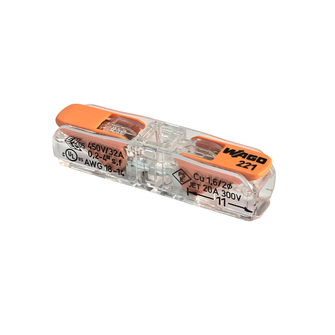 Wago 221-2411 Inline splicing connector with lever; for all conductor types; max. 4 mm²; 2-conductor; transparent housing; Transparent cover; Surrounding air temperature: max 85°C (T85); 4,00 mm²; transparent — Connectors & Plugs