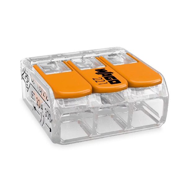Wago 221-413 COMPACT splicing connector; 3-conductor; with operating levers; 12 AWG; transparent housing — Connectors & Plugs