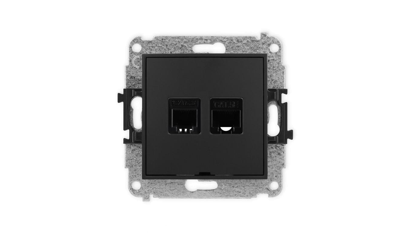 ICON Mechanizm gniazda telefonicznego 1xRJ11 + komputerowego 1xRJ45 kat. 5e 8-styk beznarzędziowe, bez opisu czarny mat 12IGTKBO