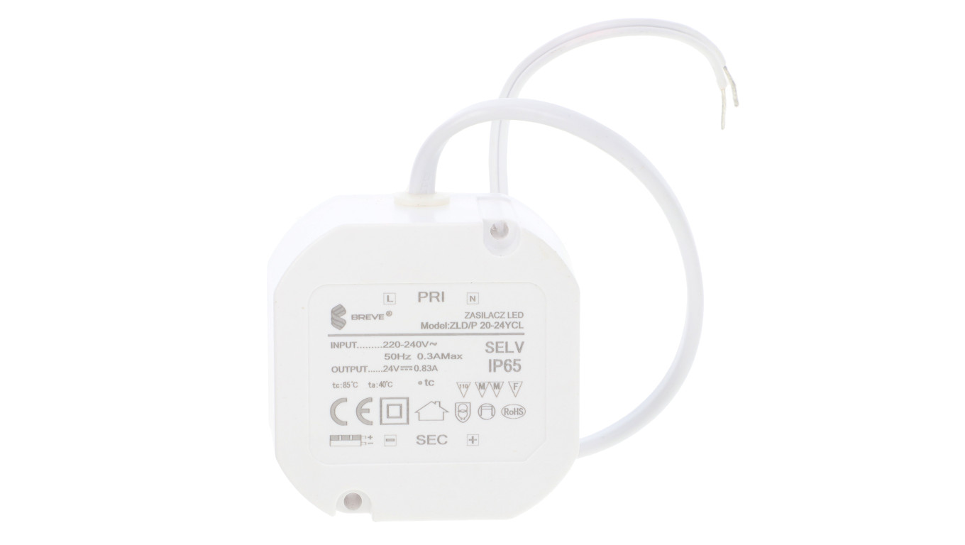 Zasilacz LED 24V DC 20W 0,83A IP65 /z zabezpieczeniami/ ZLDP 20-24YCL 19724-9020