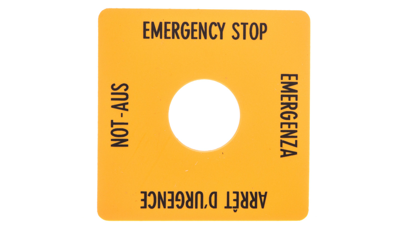 Tabliczka opisowa żółta 50x50mm EMERGENCY STOP SQT1 058874