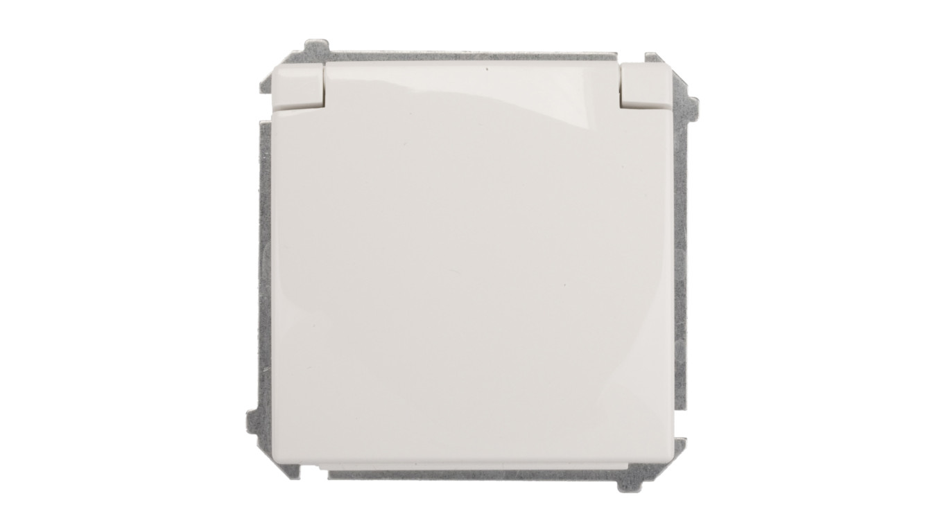 Simon Basic Gniazdo bryzgoszczelne z/u IP44 z przesłoną torów i klapką białe BMGZ1Bz.01/11