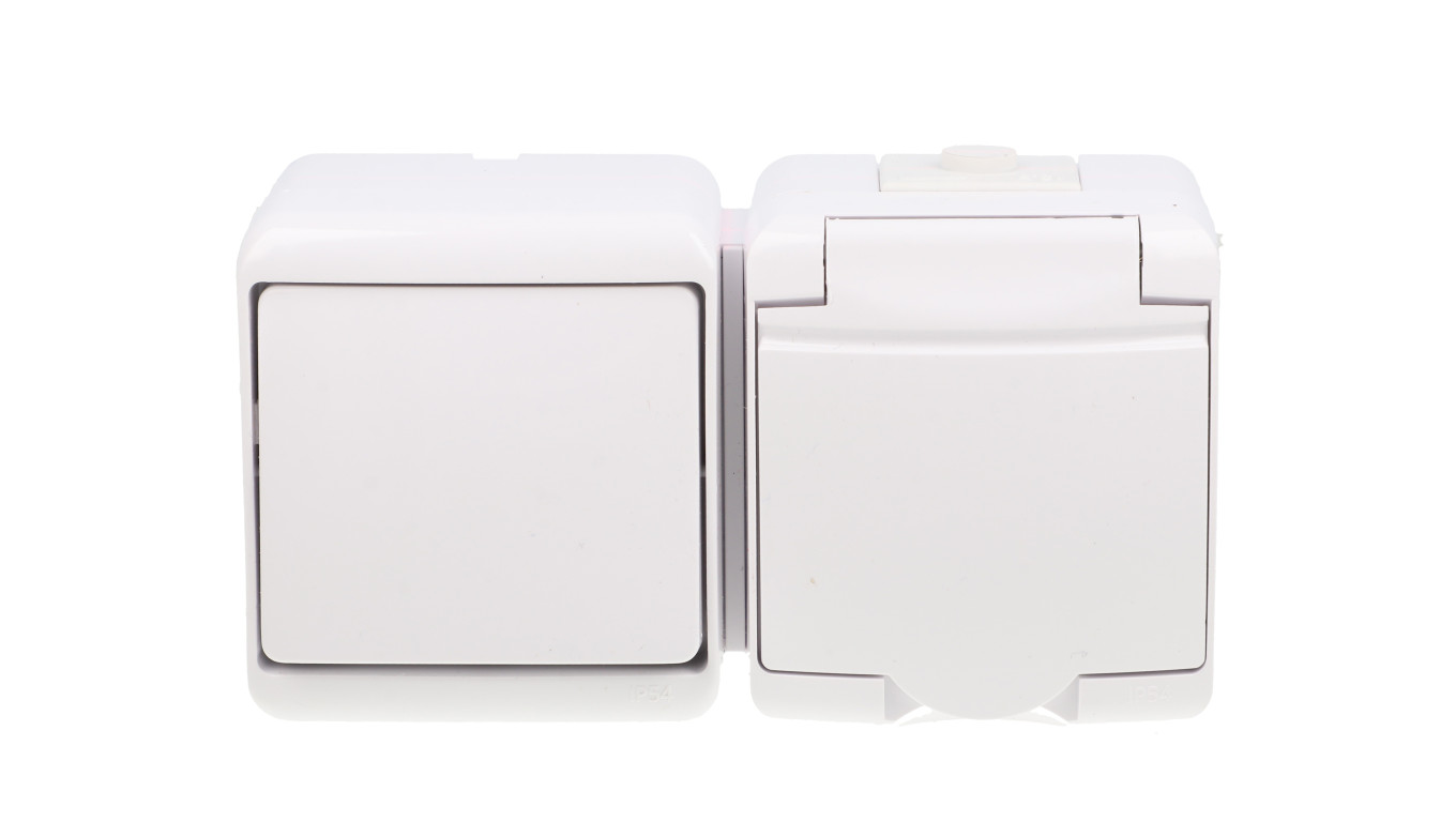 JUNIOR Łącznik jednobiegunowy + gniazdo hermetyczne (klapka biała) biały IP54 WGHH-1