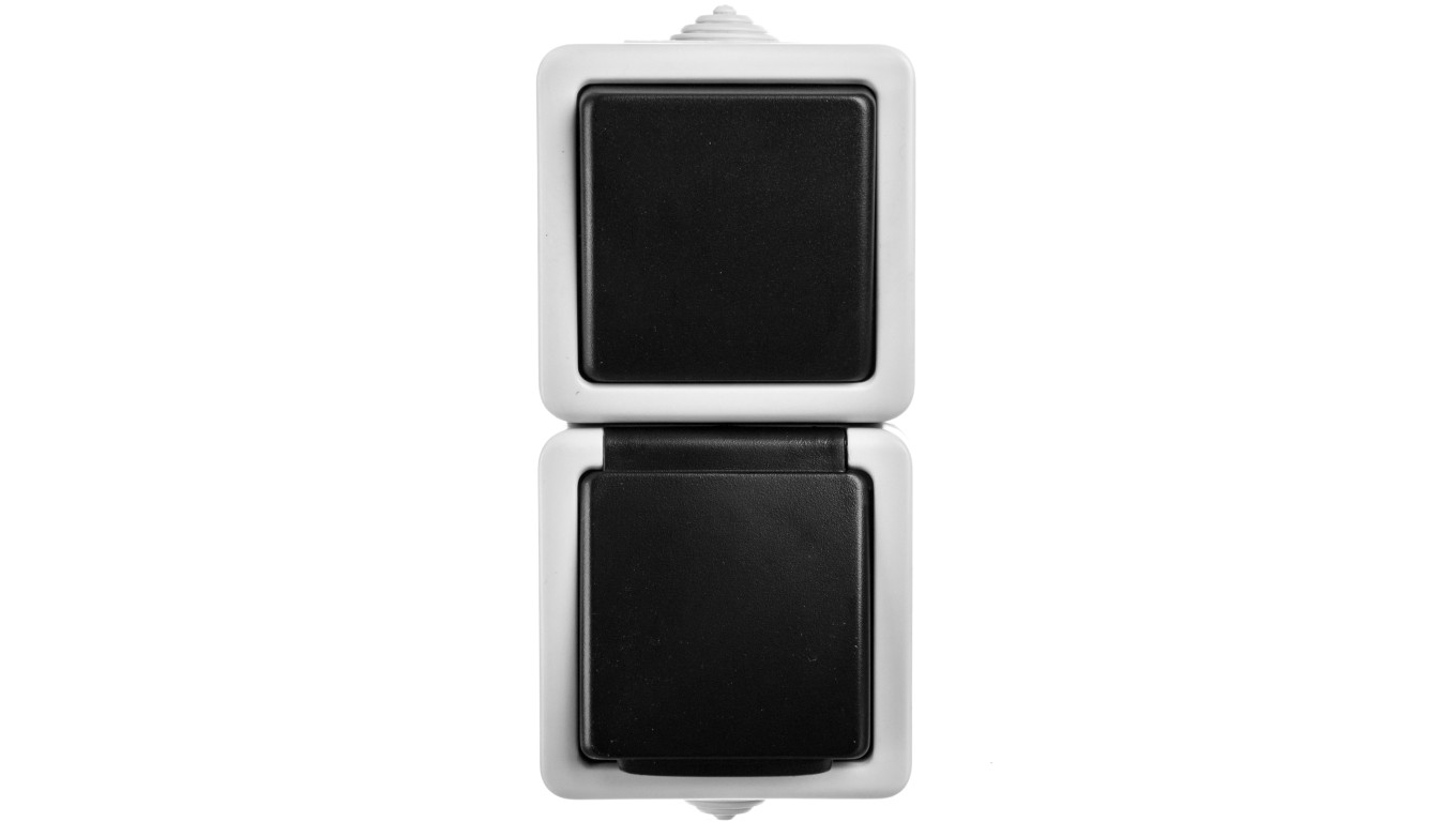 TEKNO Łącznik jednobiegunowy + Gniazdo z przesłoną styków pionowy 10AX/16A 250V szare IP54 25361