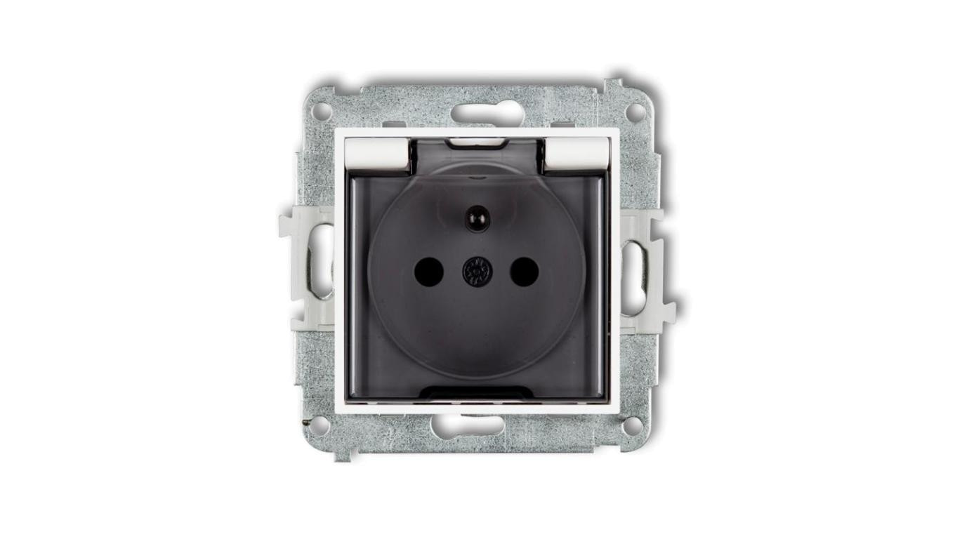 MINI Mechanizm gniazda bryzgoszczelnego z uziemieniem 2P+Z (klapka dymna, przesłony torów prądowych) biały mat 25MGPB-1zdp