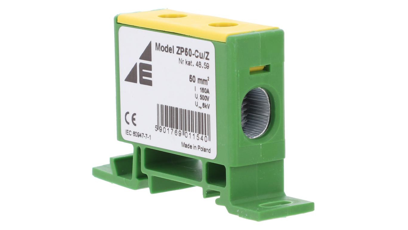 Blok rozdzielczy-odgałęźny 1-polowy CU 16-50mm2 żółto-zielony montaż płaski i na szynę TH ZP50 Cu / z 48.59