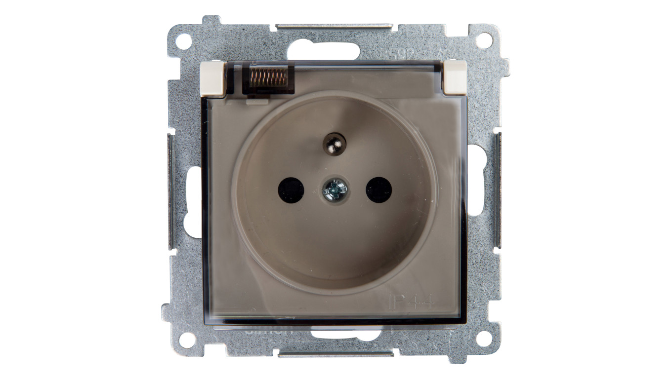 Simon 54 Gniazdo bryzgoszczelne z/u IP44 z klapką transparentną bez uszczelki kremowe DGZ1BUZ.01/41A