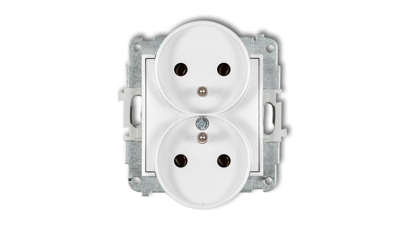 MINI Mechanizm gniazda podwójnego do ramki z uziemieniem 2x(2P+Z) (bez przesłon torów prądowych) biały mat 25MGPR-2z