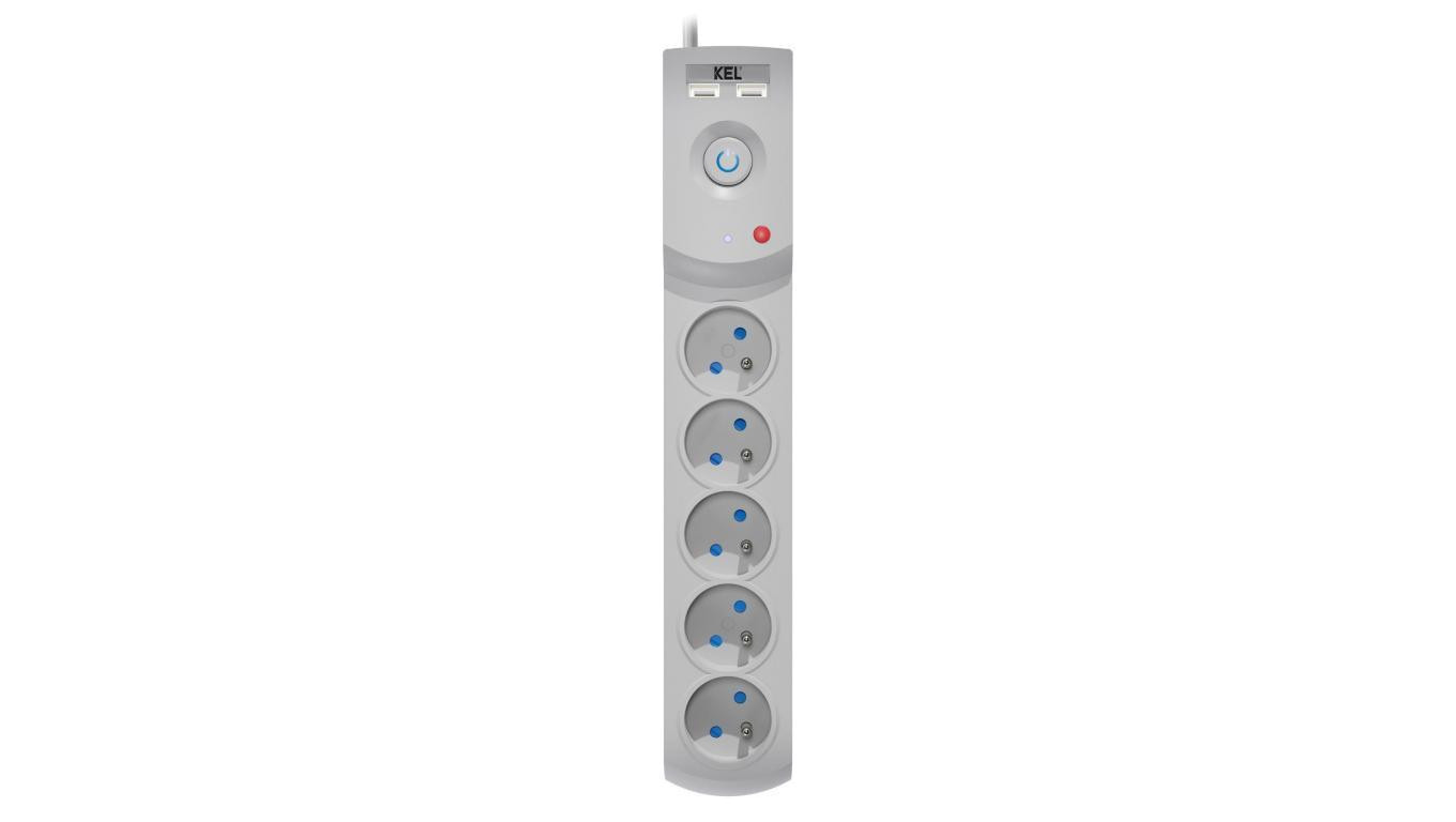 Przedłużacz przeciwprzepięciowy professional 5 gniazd 2xUSB 1,5m 10A 230V 2300W szary W-100040