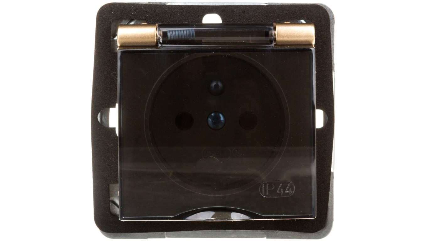 IMPRESJA Gniazdo bryzgoszczelne z/u IP44 klapka przezroczysta złoty metalik GPH-1YZ/m/28/d