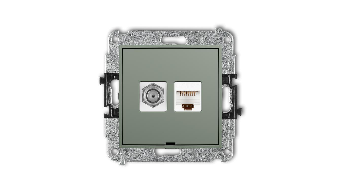 MINI Mechanizm gniazda antenowego poj. typu F (SAT) + gniazda komp. 1xRJ45, kat. 5e, 8-stykowy, bez opisu szałwiowy 61MGFKBO-1