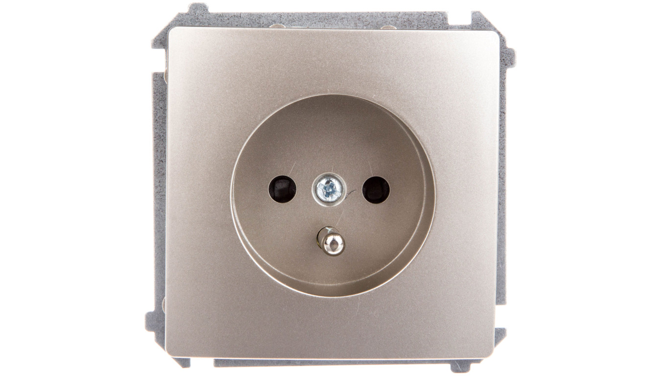 Simon Basic Gniazdo pojedyncze z/u 16A IP20 z przesłoną torów satyna metalizowana BMGZ1z.01/29