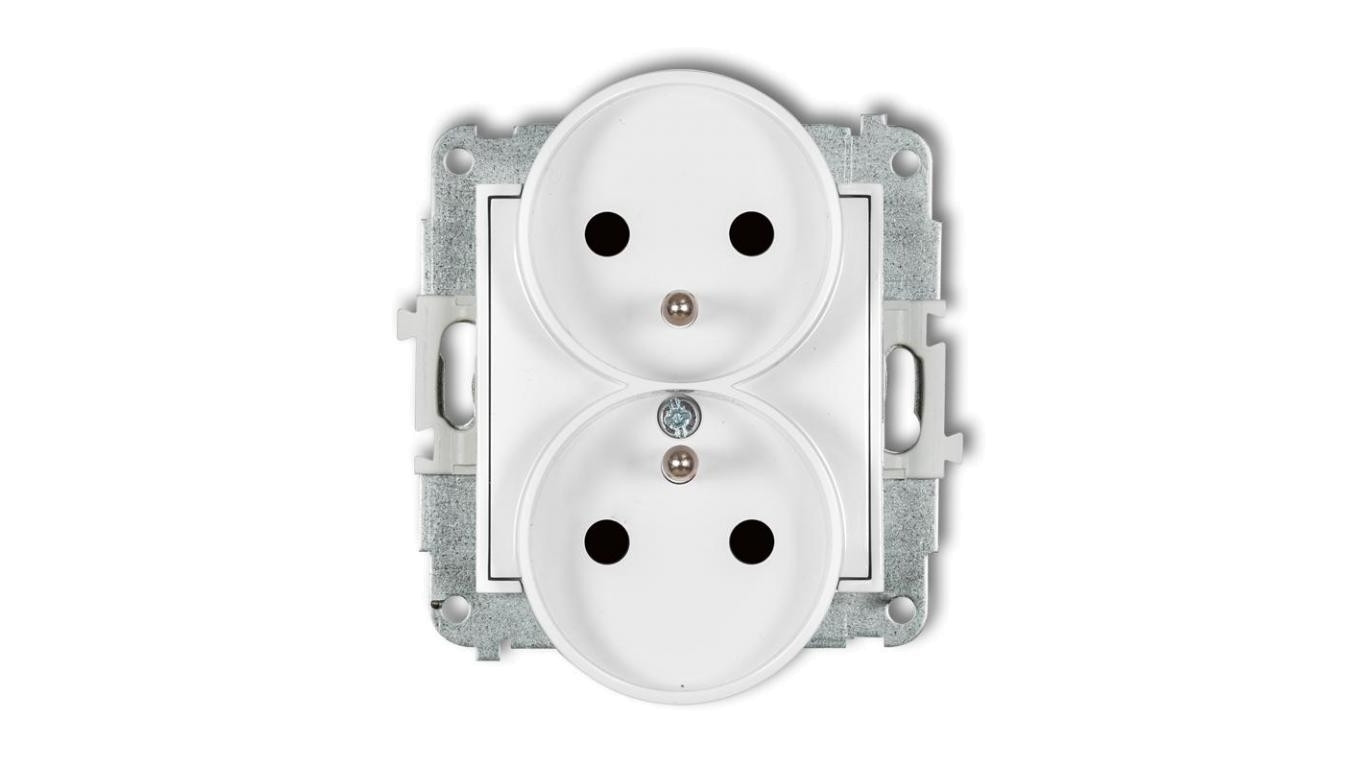 MINI Mechanizm gniazda podwójnego do ramki z uziemieniem 2x(2P+Z) (przesłony torów prądowych) biały mat 25MGPR-2zp