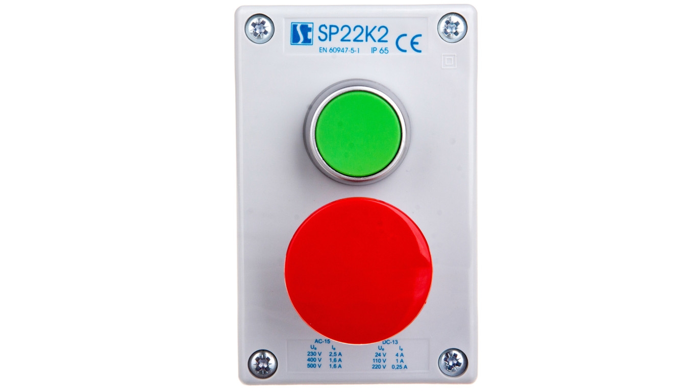 Kaseta sterownicza 2-otworowa zielony/przycisk grzybkowy czerwony 1Z 1R IP65 szara SP22K2\03-2